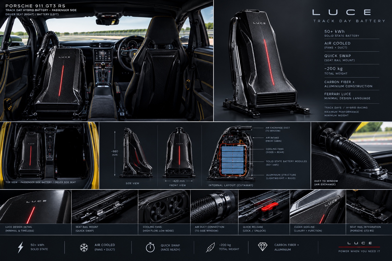 Rendering of the Luce track day battery: a carbon fibre seat-shaped battery pack with a single red light line, fitted in place of the passenger seat of a yellow Porsche 911 GT3 RS, with side and front views of about 980 by 420 mm, a cutaway of the solid state modules and cooling fans, the air duct to the side window and the quick release seat rail mount