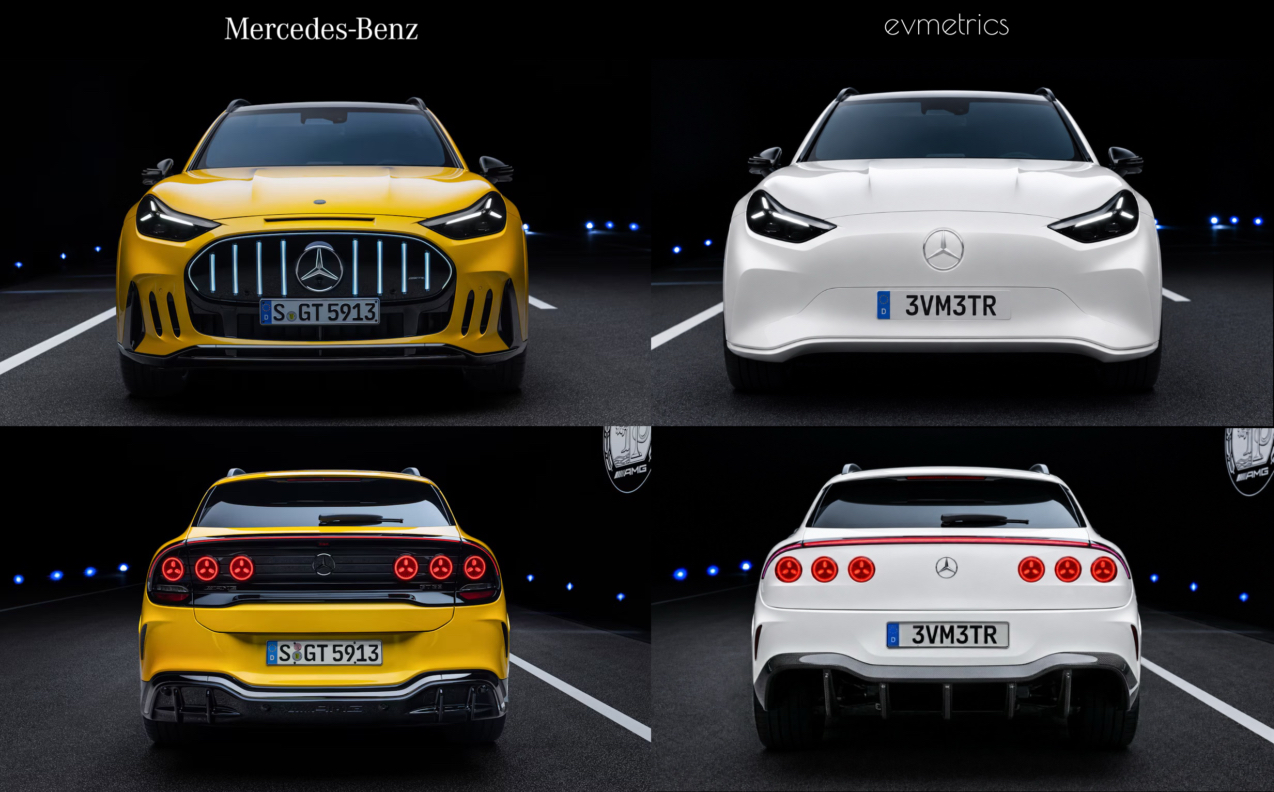 Side-by-side comparison of the Mercedes-AMG GT SUV front and rear in yellow, next to an evmetrics redesign in white with no grille, and with the light bar and six round taillights cut directly into smooth bodywork