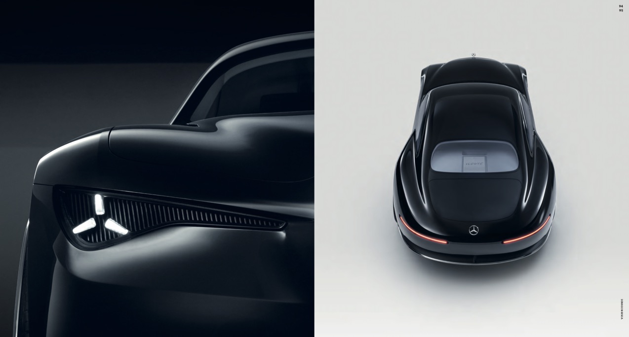 Mercedes-Benz Vision Iconic: a close-up of the front headlamp with a three-pointed star light, and a top-down view of the black coupe with a slim rear light line